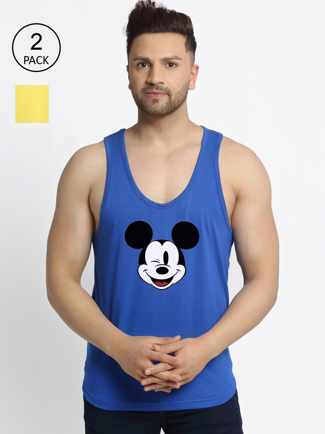 

Friskers Men Pack Of 2 Printed Pure Cotton Drop Cut Innerwear Vests, Blue