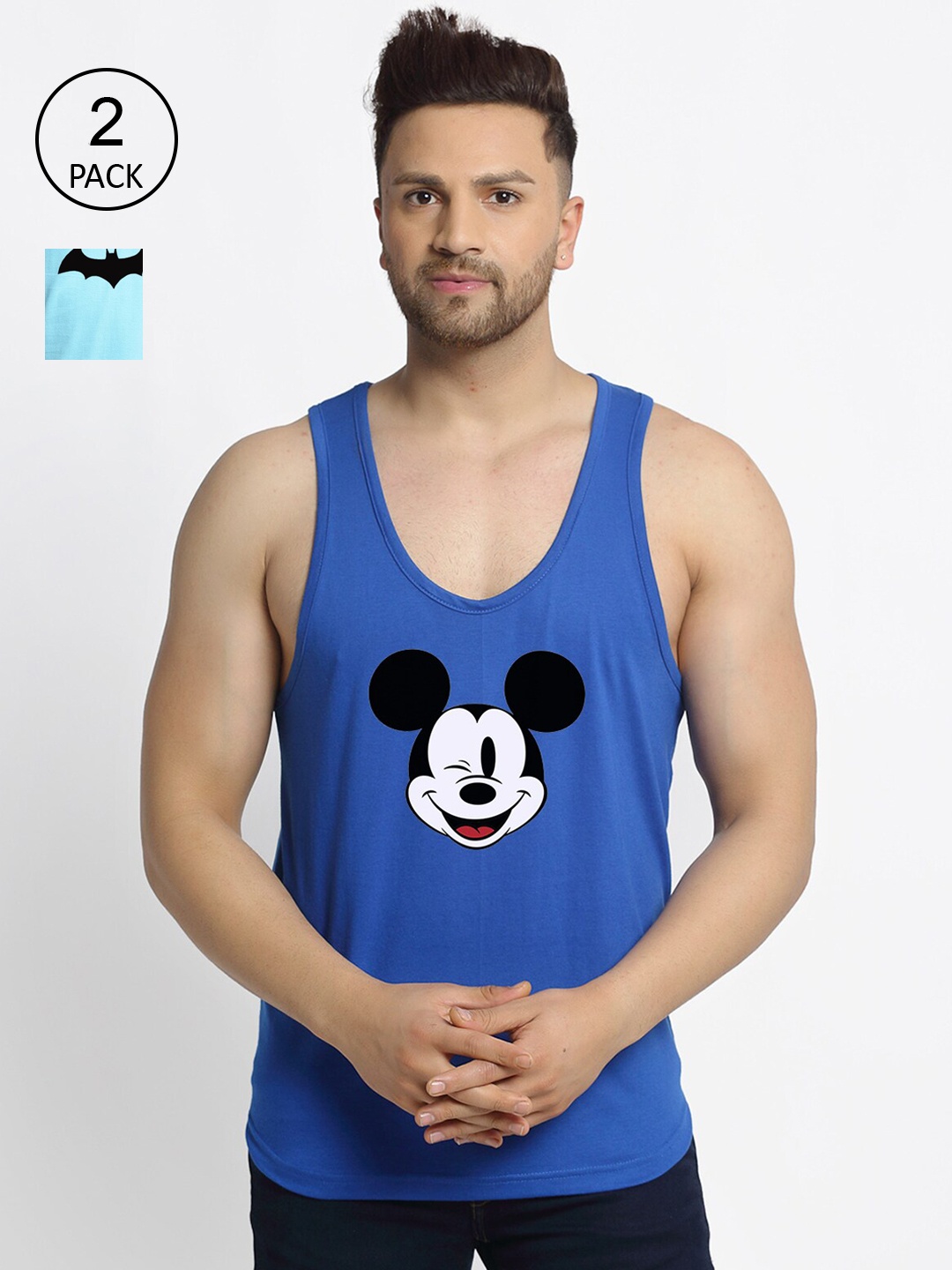 

Friskers Men Pack Of 2 Printed Pure Cotton Drop Cut Innerwear Vests, Blue