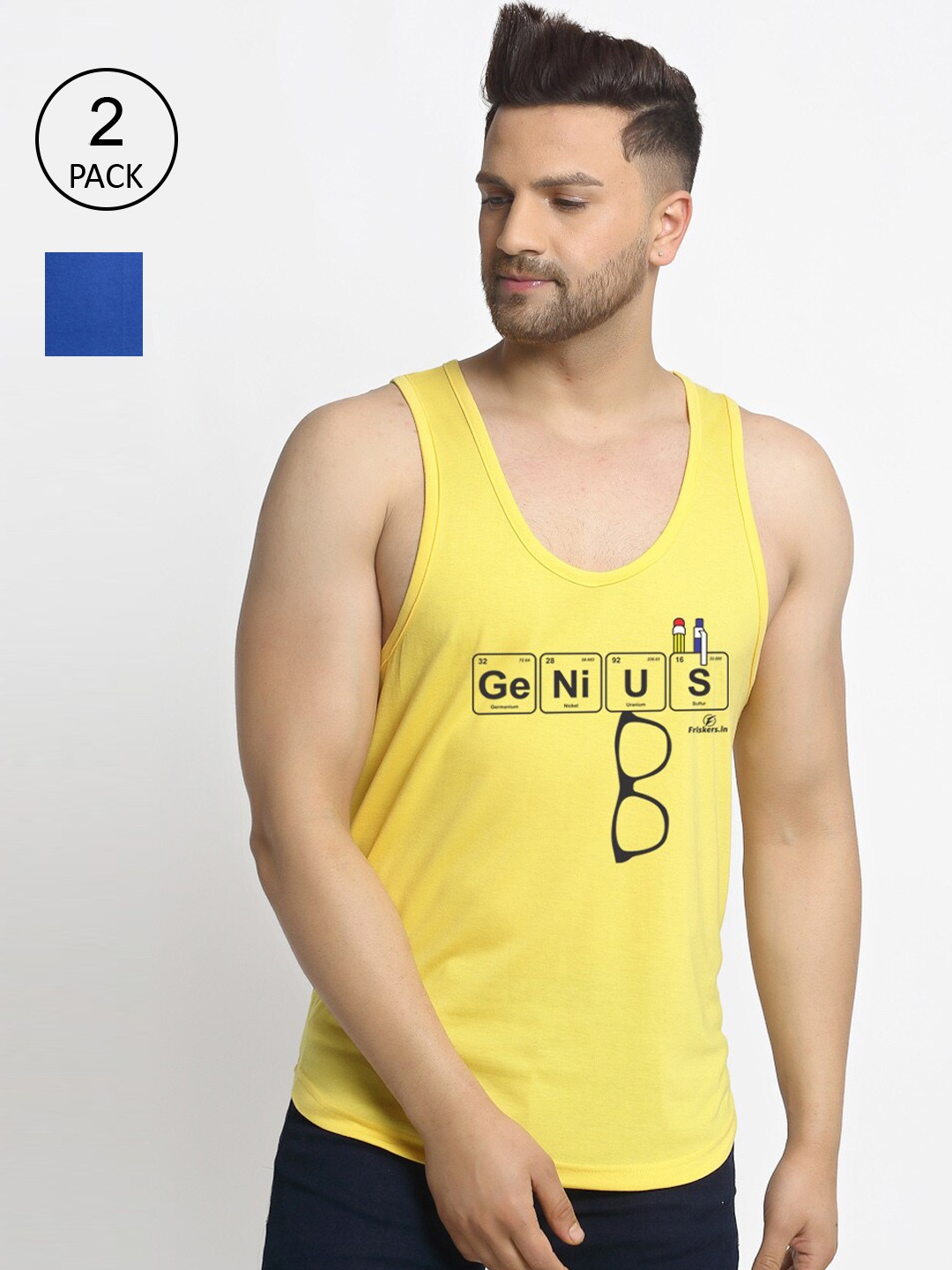 

Friskers Men Pack Of 2 Printed Cotton Drop Cut Innerwear Vests, Blue