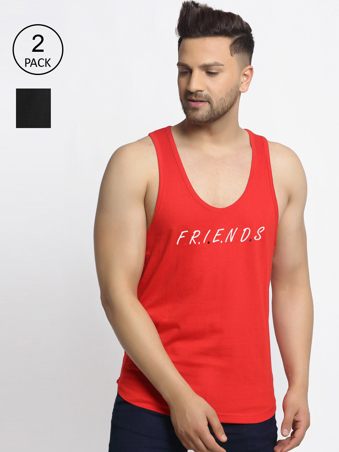 

Friskers Men Pack Of 2 Printed Pure Cotton Drop Cut Innerwear Vests, Black