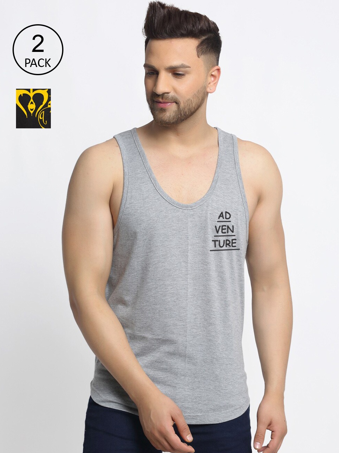 

Friskers Men Pack Of 2 Printed Pure Cotton Drop Cut Innerwear Vests, Black