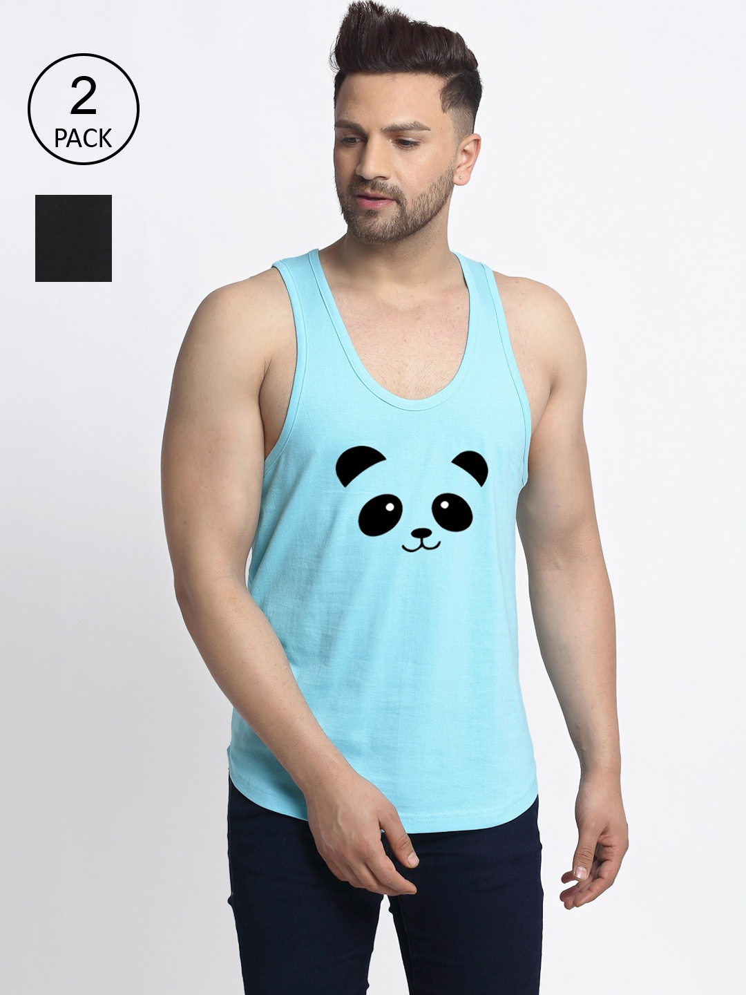 

Friskers Men Pack Of 2 Printed Pure Cotton Drop Cut Innerwear Vests, Black