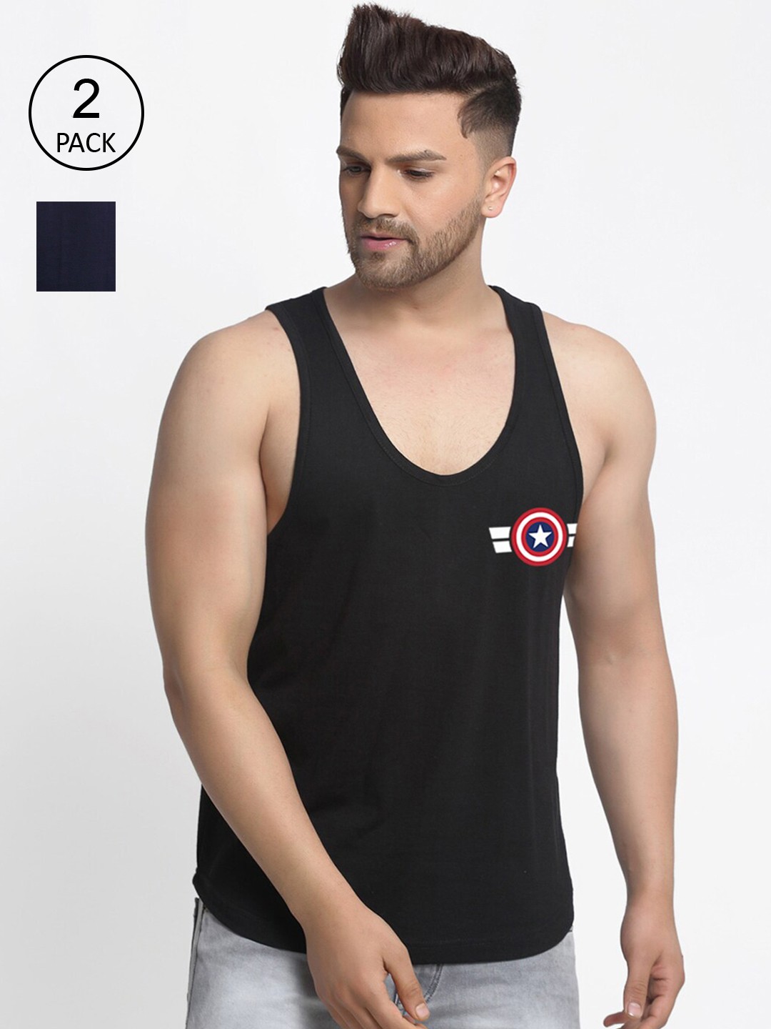 

Friskers Men Pack Of 2 Printed Pure Cotton Drop Cut Innerwear Vests, Navy blue