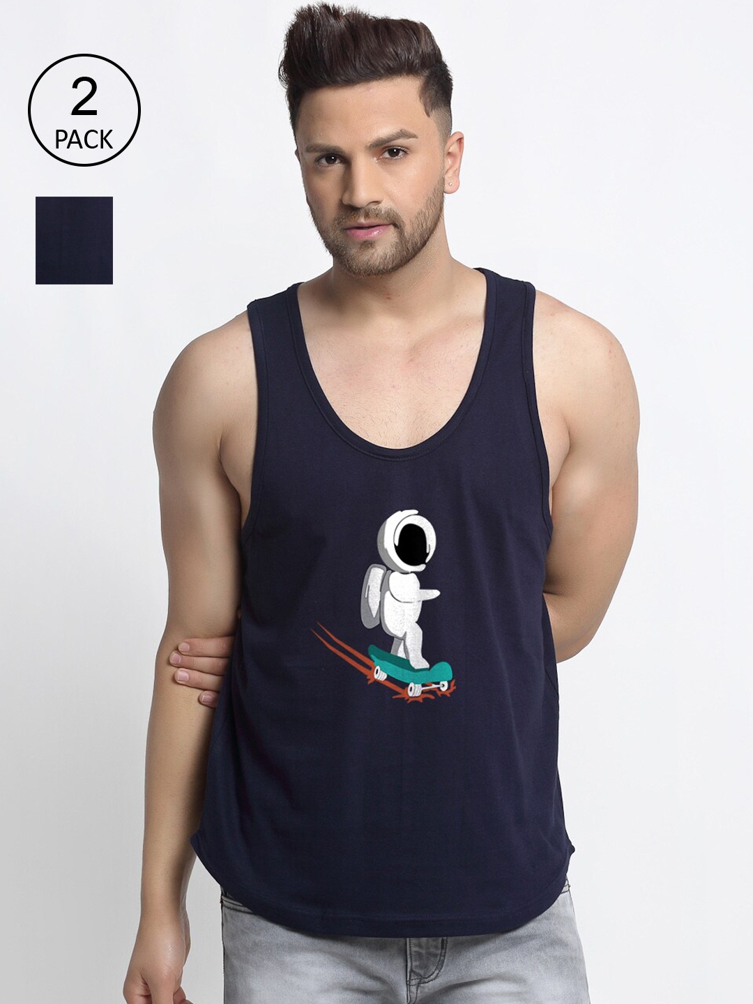 

Friskers Men Pack Of 2 Printed Pure Cotton Drop Cut Innerwear Vests, Navy blue