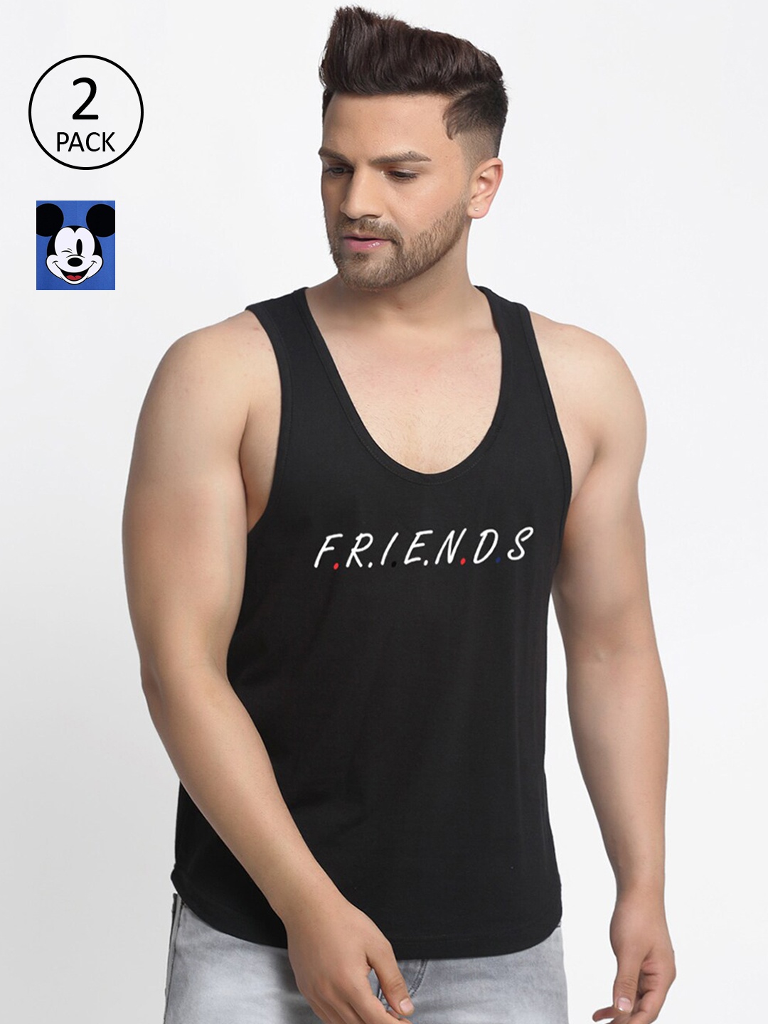 

Friskers Men Pack Of 2 Printed Cotton Drop Cut Innerwear Vests, Blue