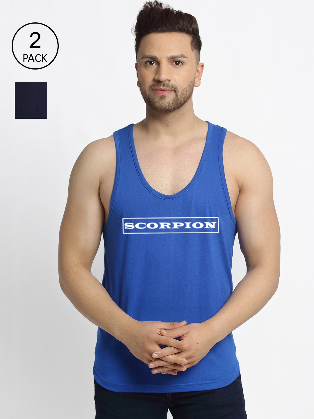 

Friskers Men Pack Of 2 Printed Cotton Innerwear Vest, Navy blue
