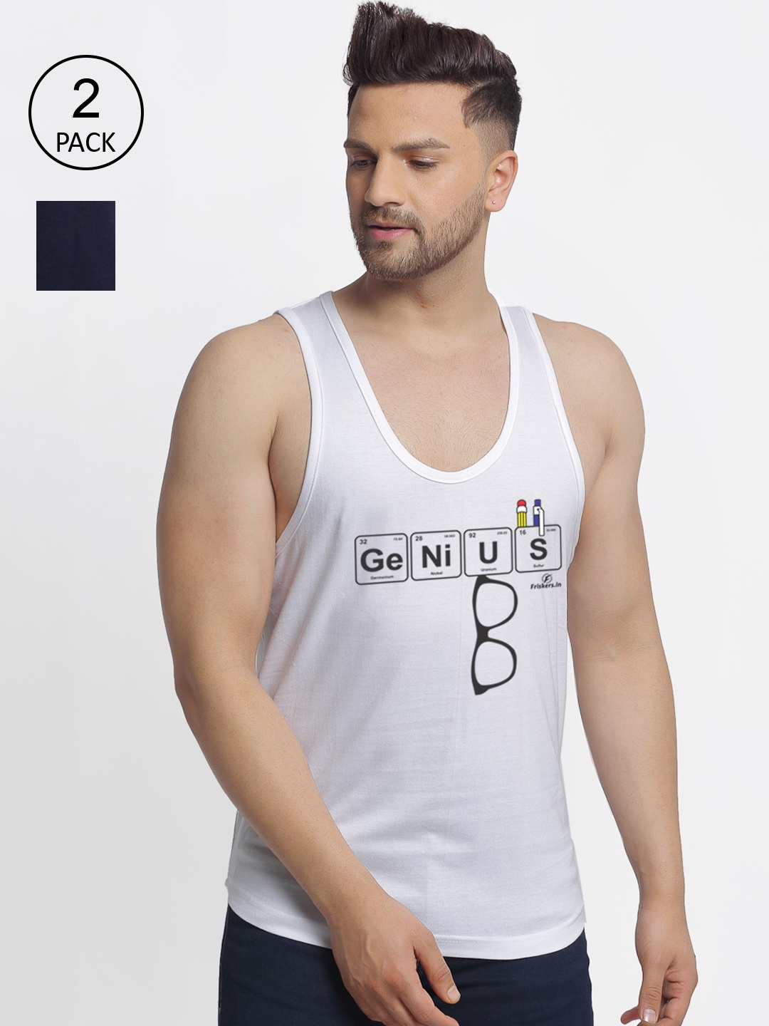 

Friskers Men Pack Of 2 Printed Cotton Innerwear Vest, Navy blue
