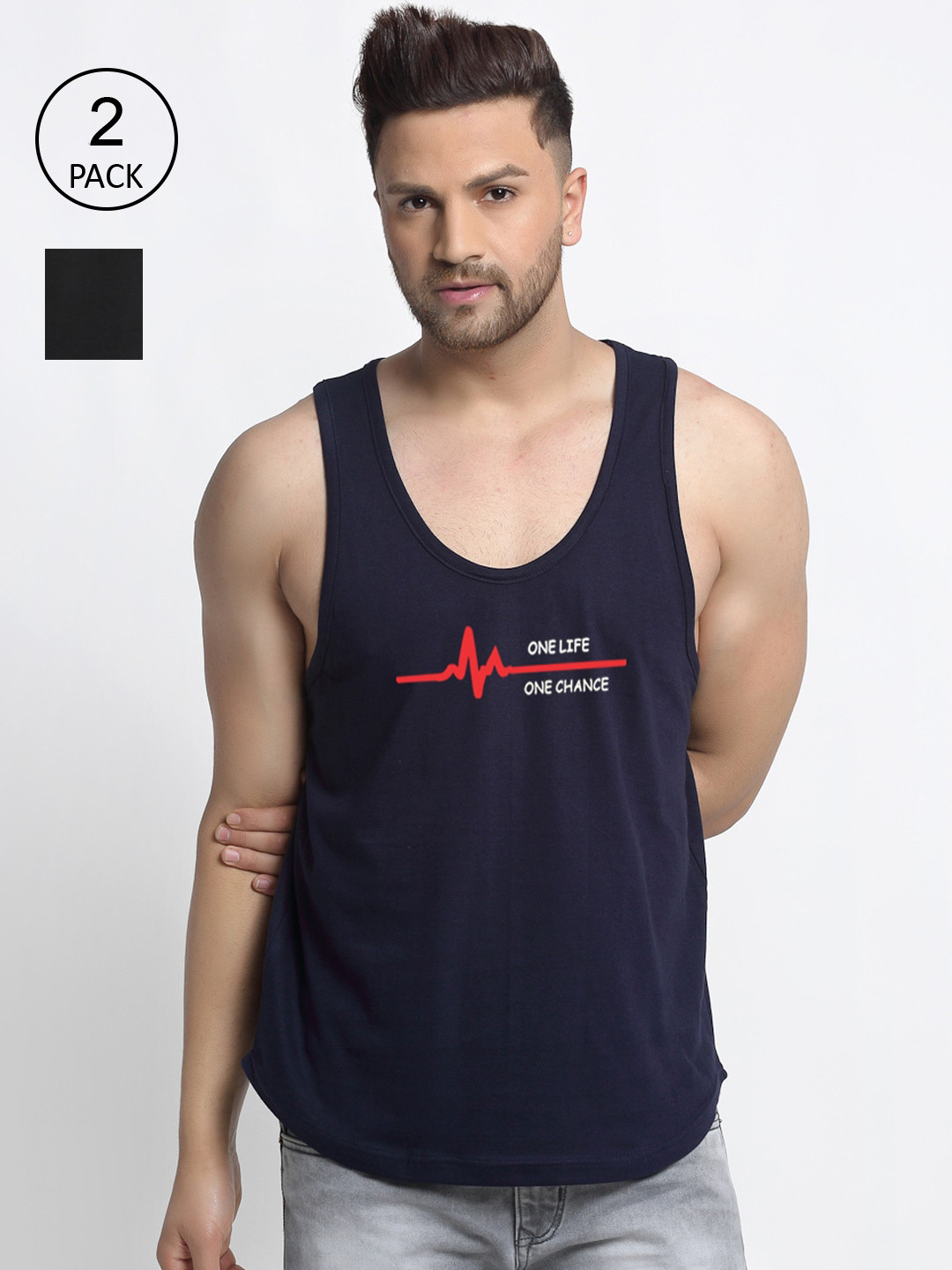 

Friskers Men Pack Of 2 Printed Cotton Innerwear Vest, Black