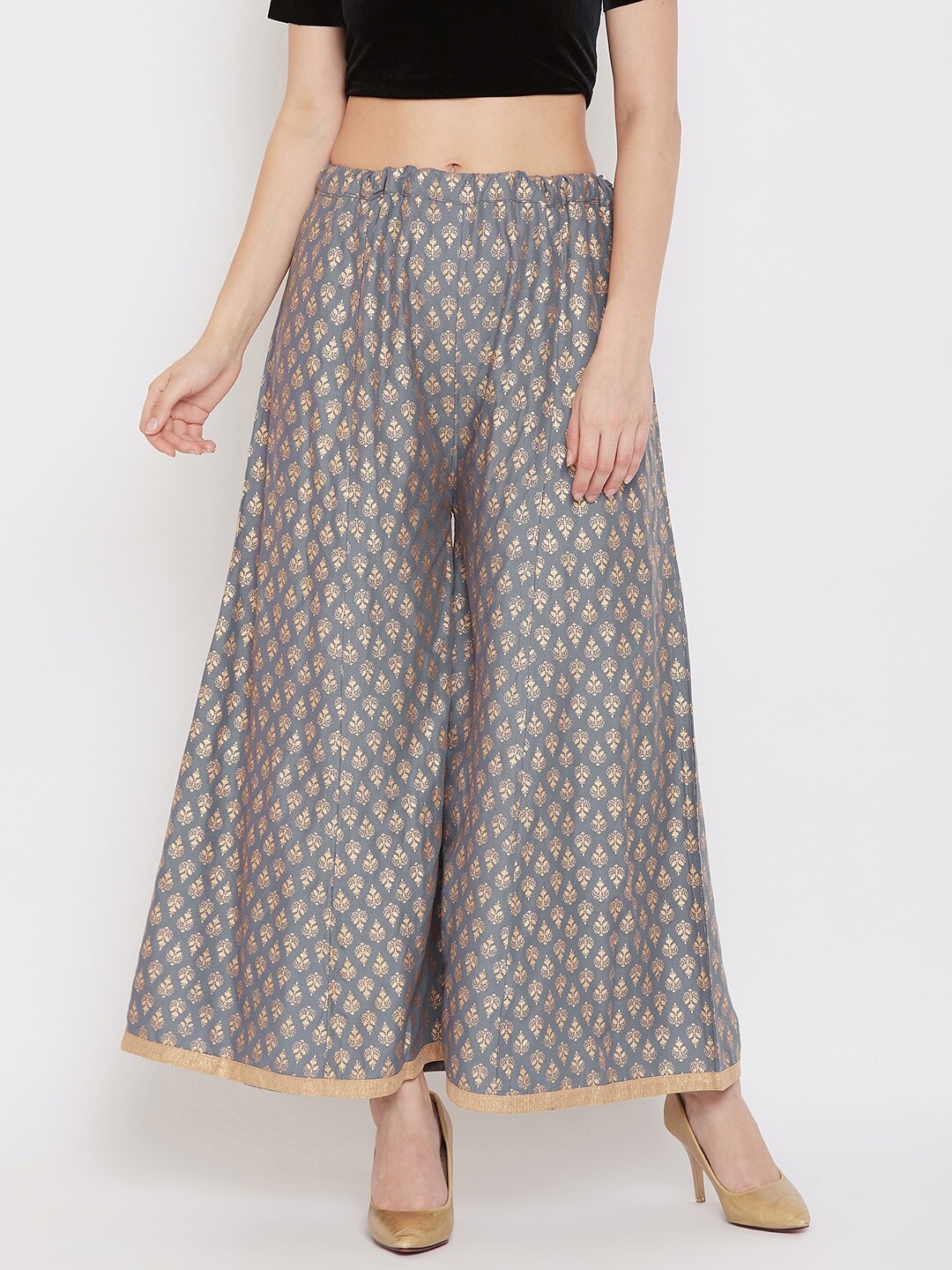 

Clora Creation Women Grey & Gold-Toned Floral Printed Knitted Ethnic Palazzos