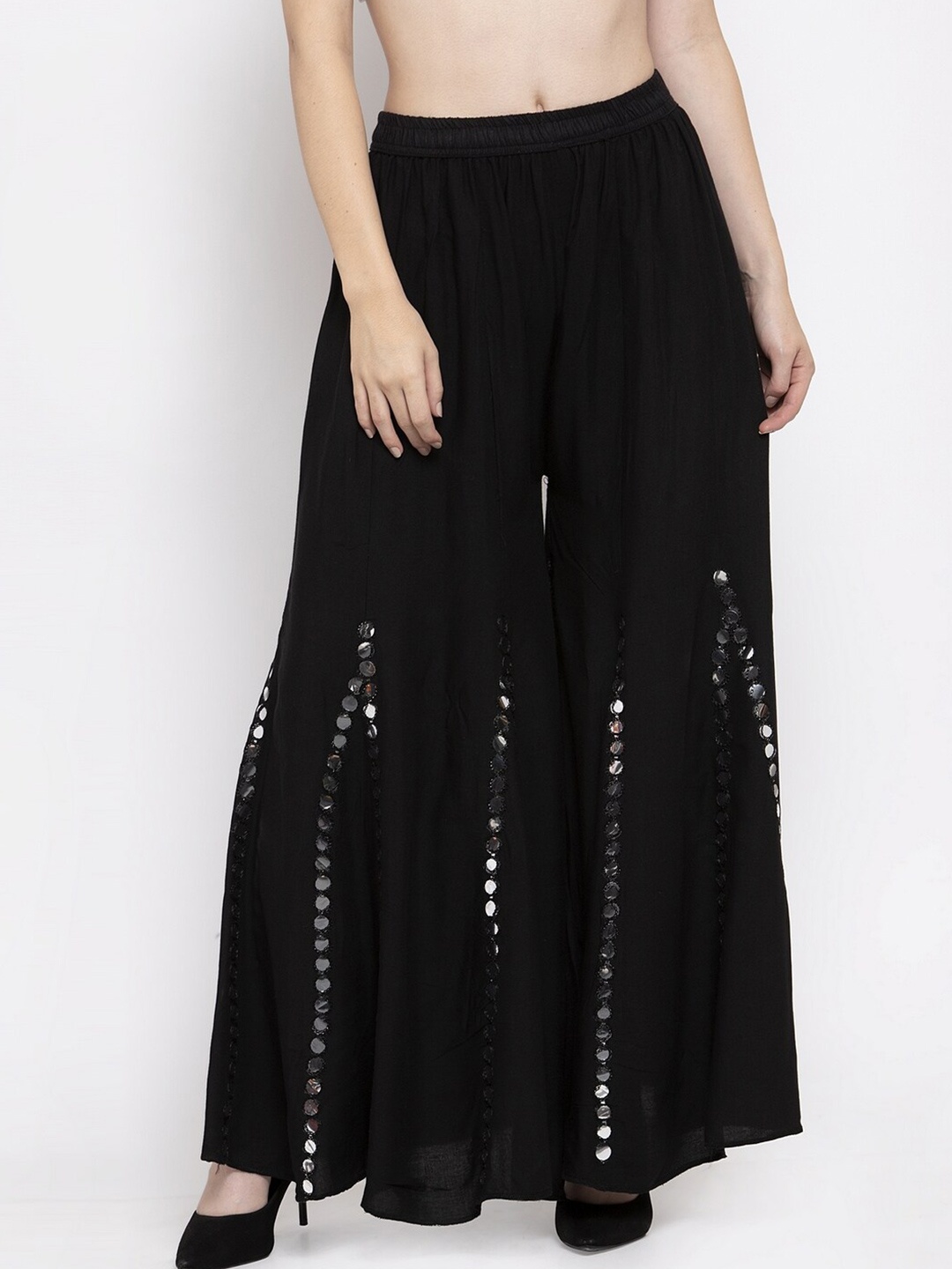 

Clora Creation Women Black Embellished Flared Knitted Palazzos