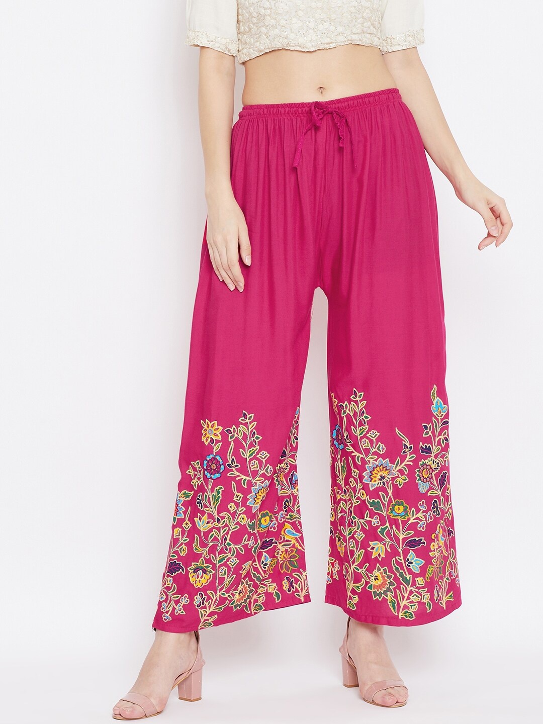 

Clora Creation Women Magenta & Beige Floral Hem Design Knitted Palazzos