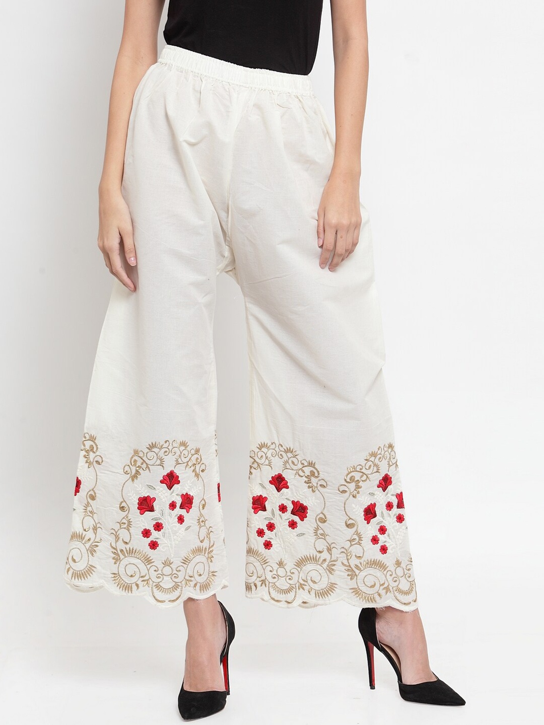 

Clora Creation Women Off White & Red Floral Embroidered Palazzos