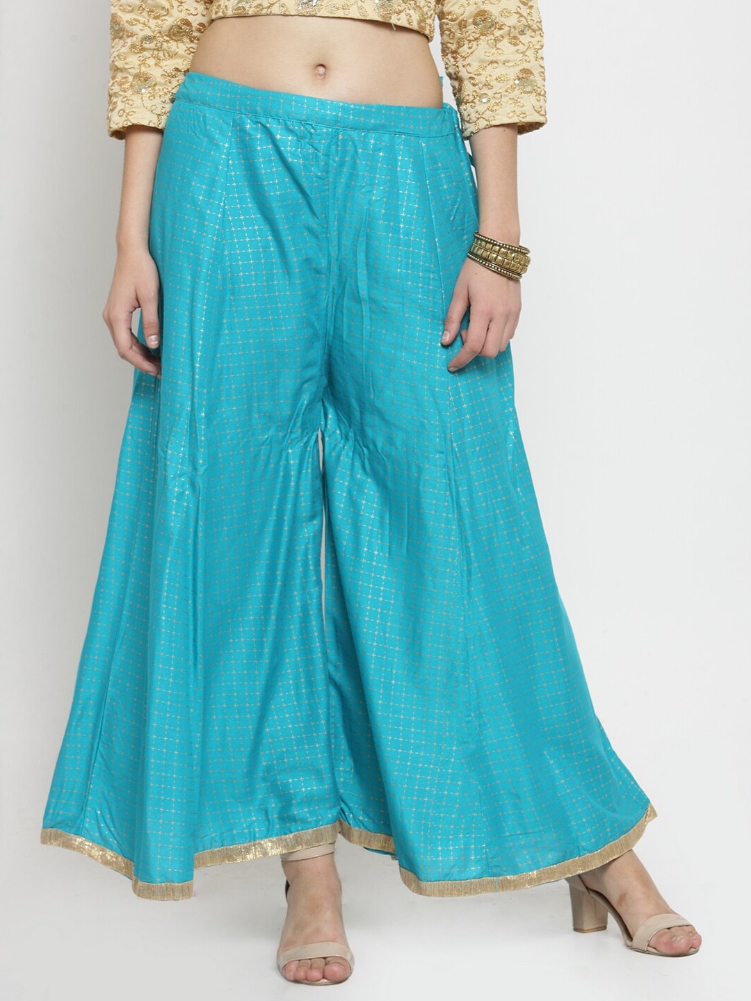 

Clora Creation Women Turquoise Blue & Gold-Toned Printed Flared Palazzos