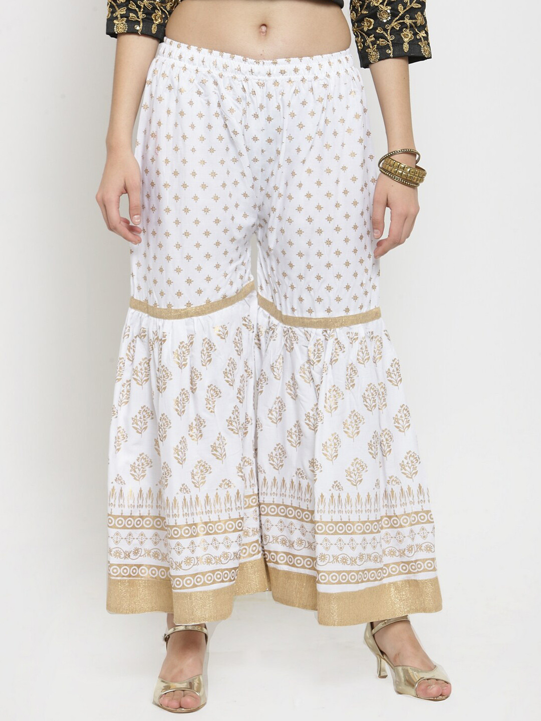 

Clora Creation Women White & Gold-Toned Floral Printed Palazzos