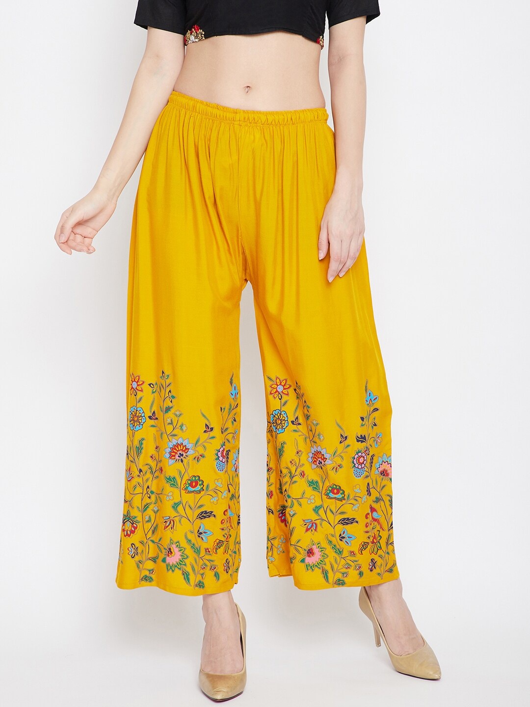 

Clora Creation Women Mustard Yellow & Green Floral Hem Design Knitted Palazzos