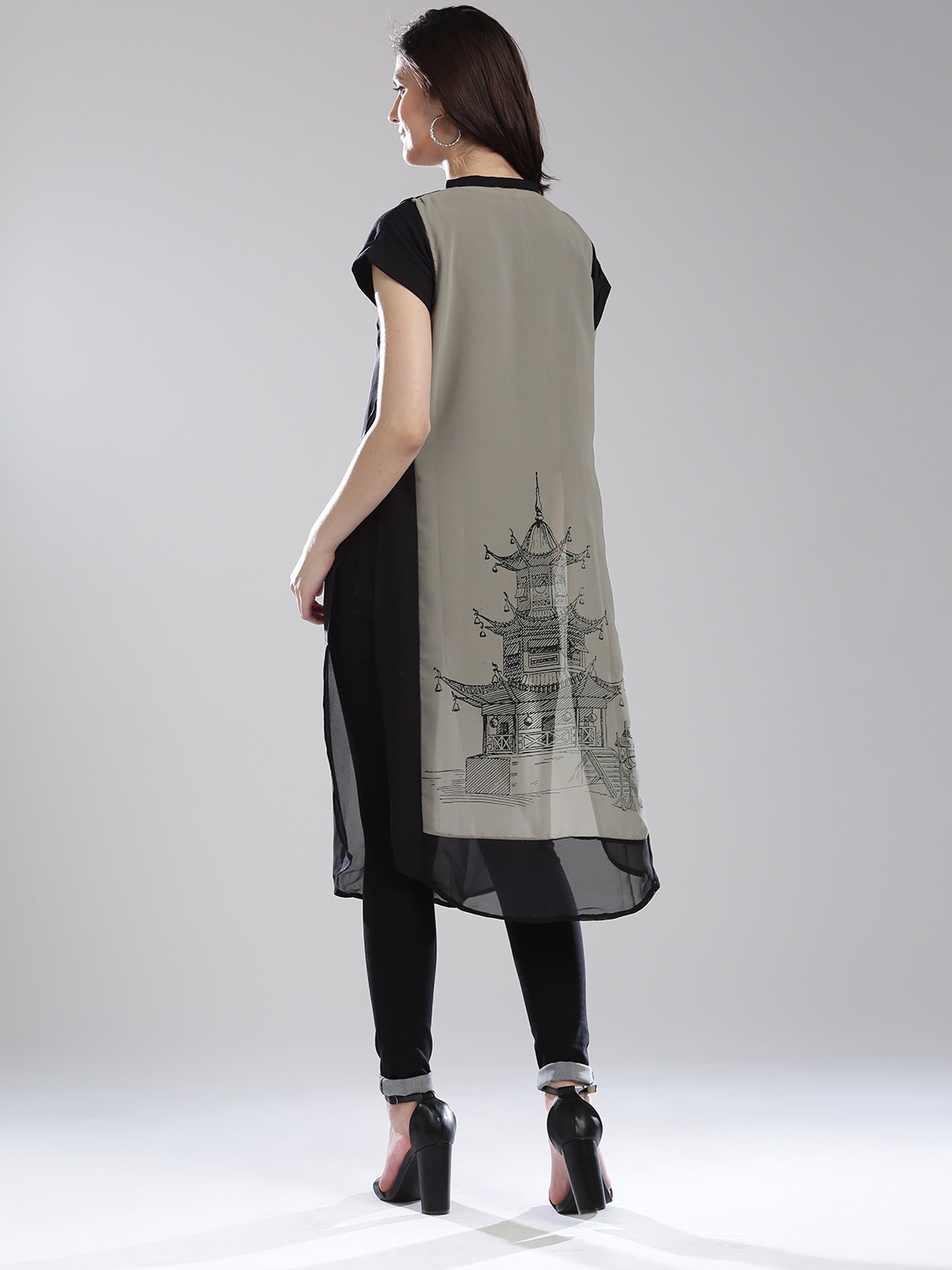 

W Black & Grey Printed High Slit Sheer Maxi Top