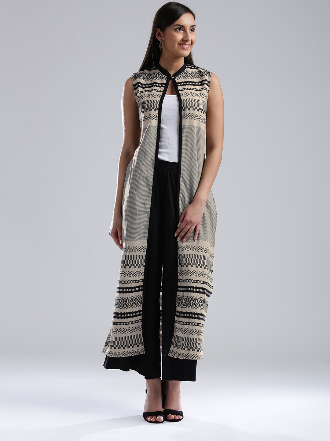 

W Beige & Black Patterned Longline Jacket
