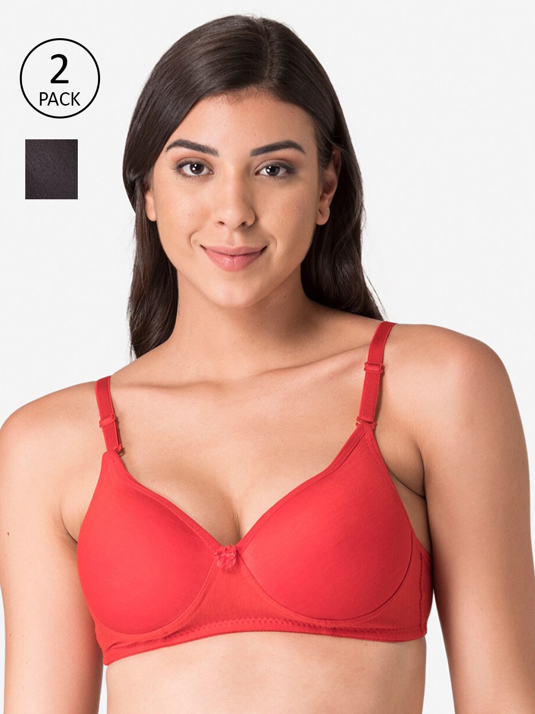 

KOMLI Pack of 2 Red & Black Non Wired Full Coverage T-shirt Bra