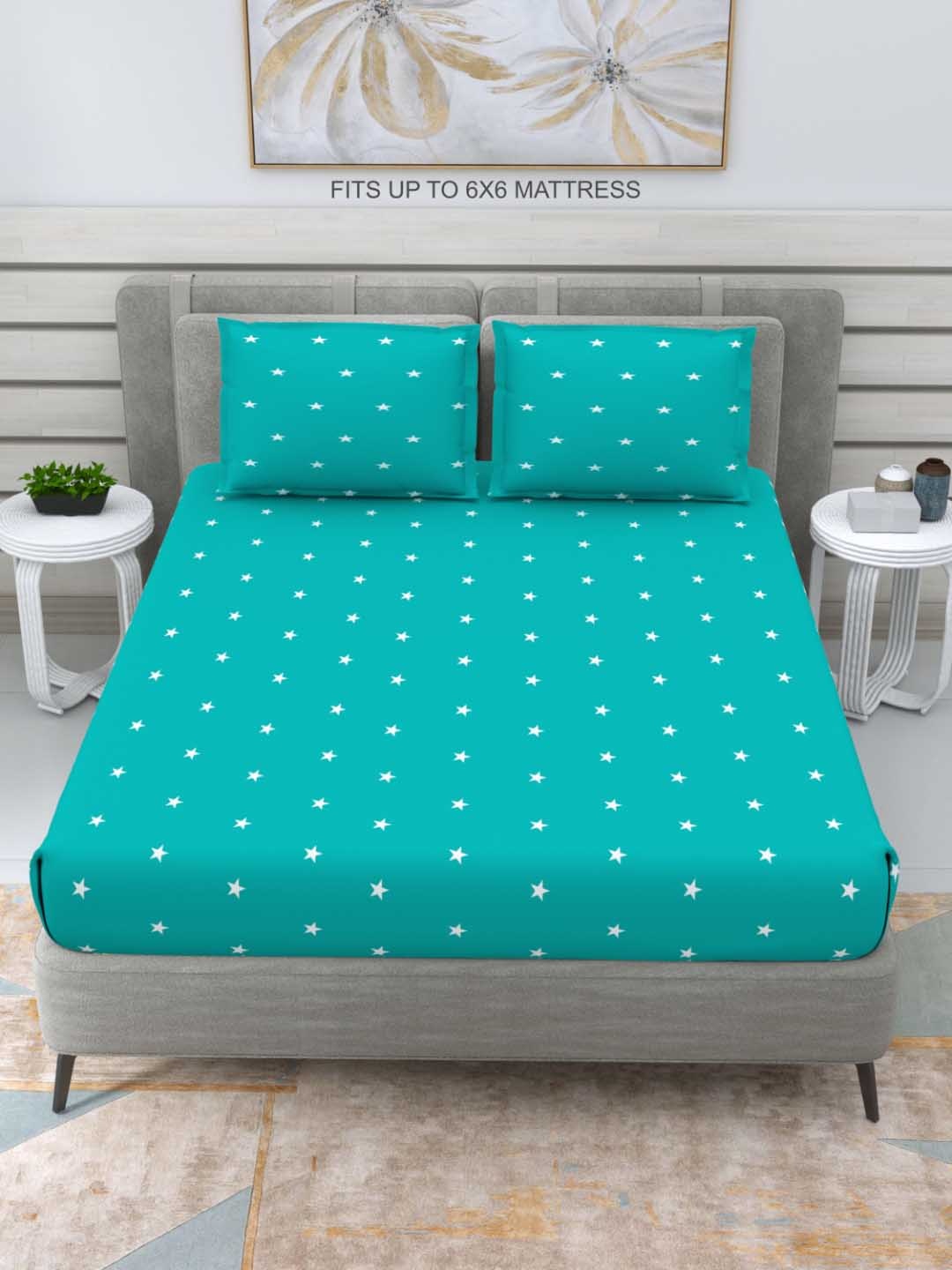 

DREAM WEAVERZ Turquoise Star 220 TC Pure Cotton Double Queen Bedsheet with 2 Pillow Covers, Turquoise blue