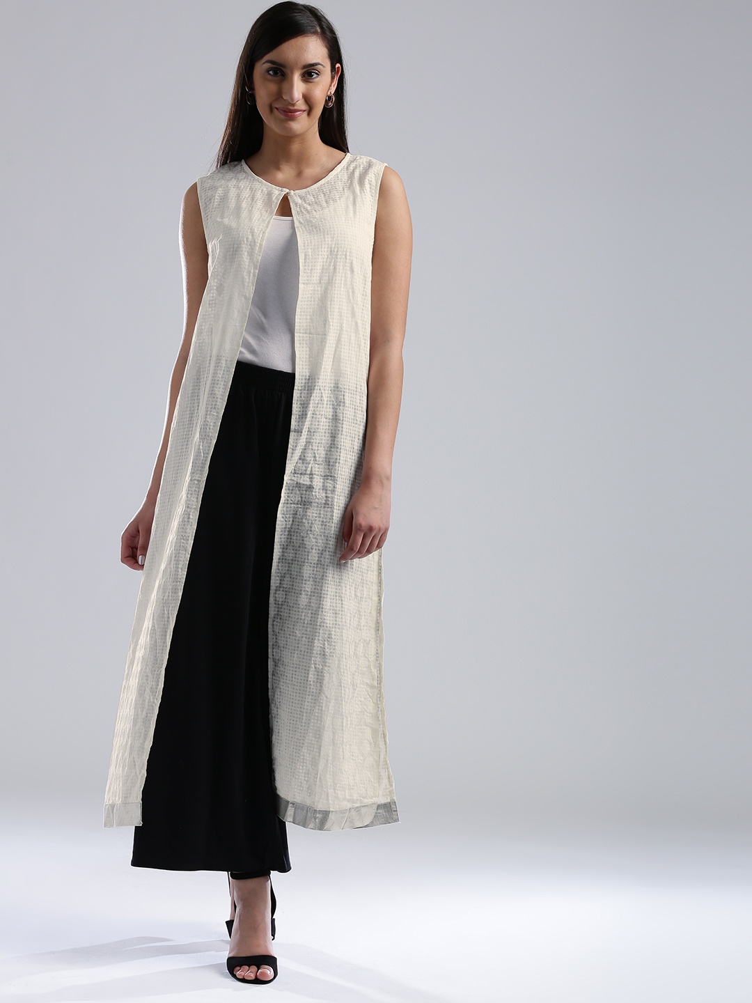 

W Off-White Self-Checked Printed Sleeveless Ethnic Jacket