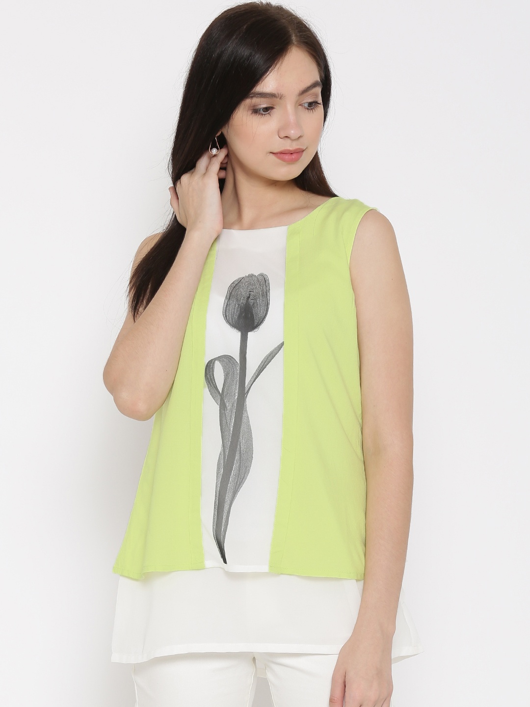 

W White & Lime Green Printed Layered Top