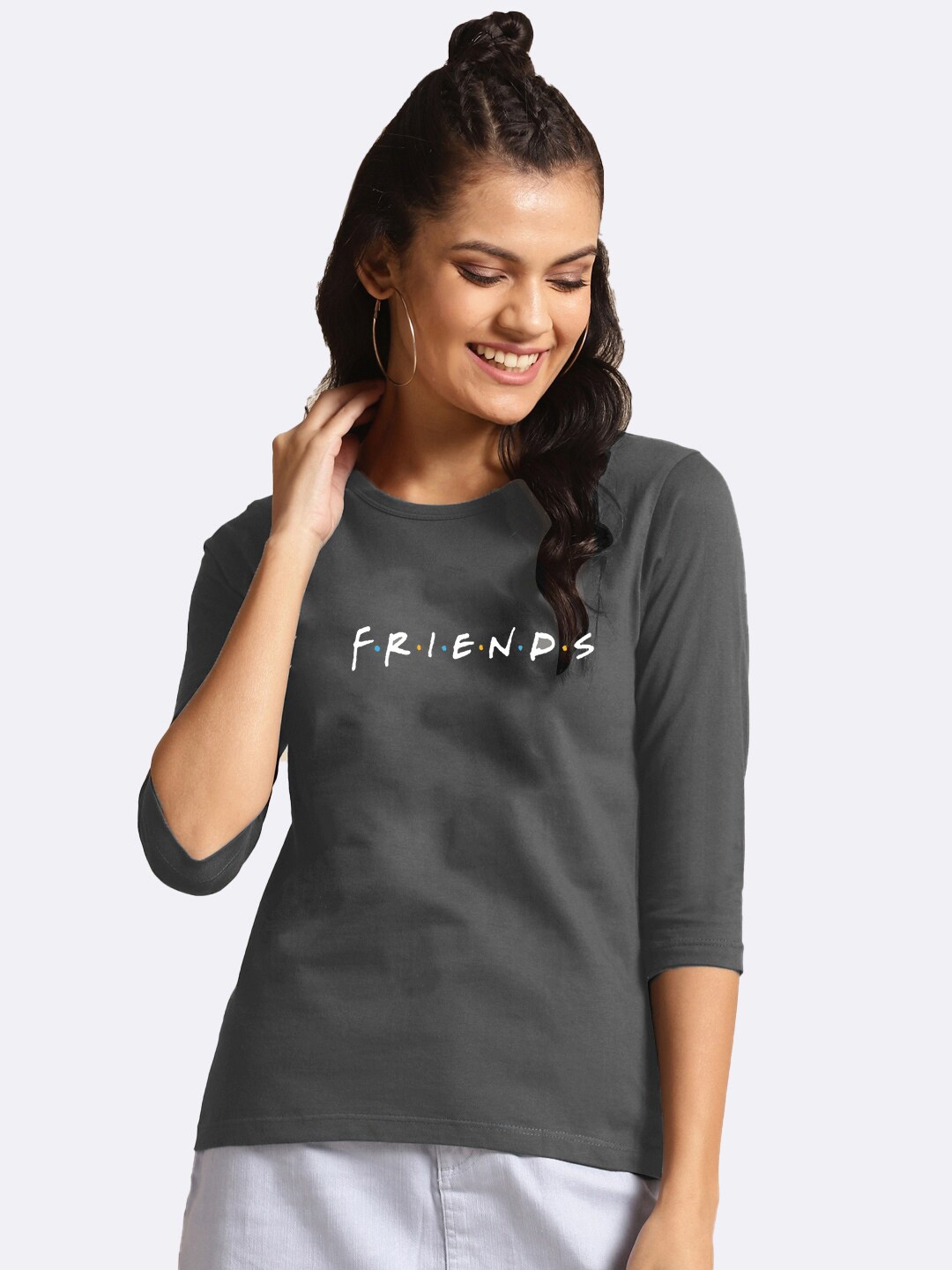 

Bewakoof Women Grey & White Friends Logo Printed T-shirt