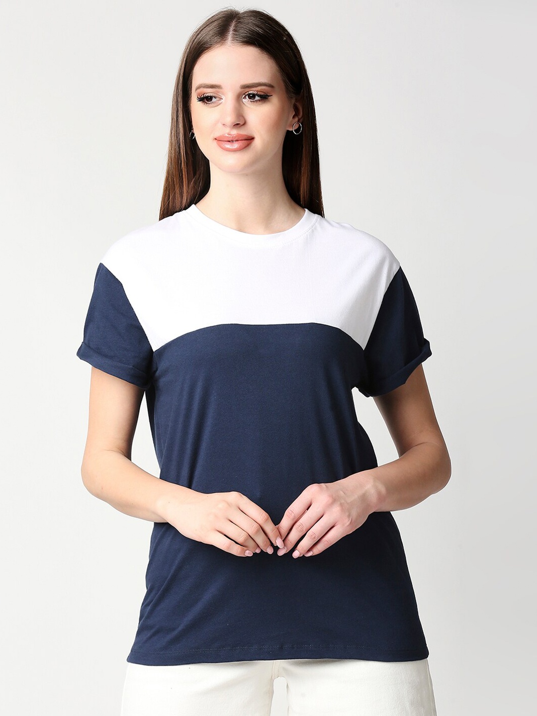 

Bewakoof Women Navy Blue & White Colourblocked Loose T-shirt