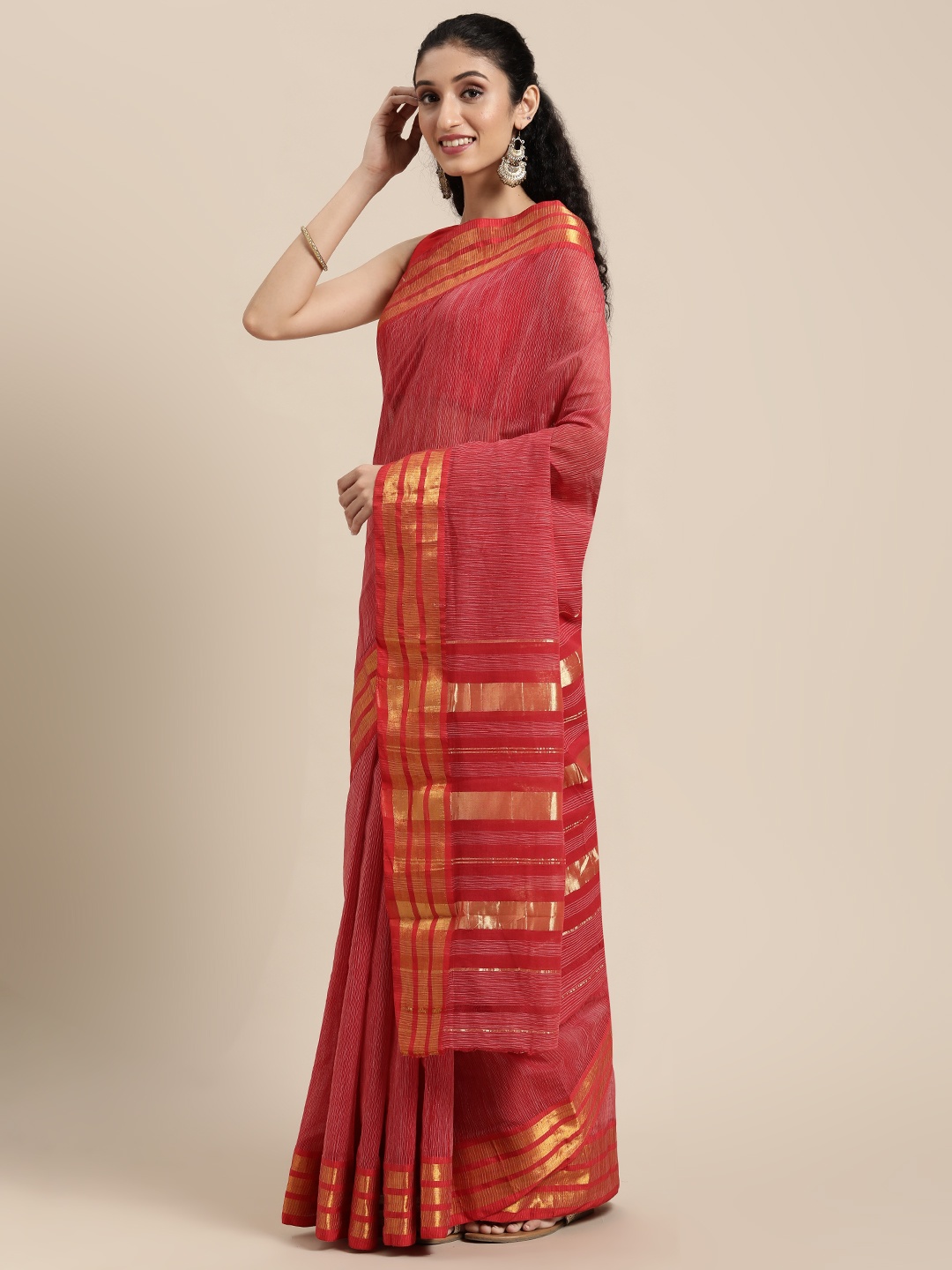 

KALINI Red & Gold-Toned Striped Pure Cotton Venkatgiri Saree