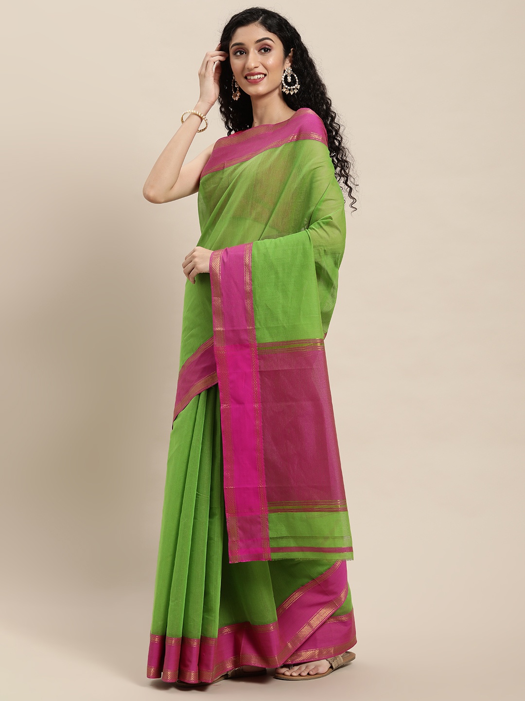 

Pavechas Green & Pink Zari Pure Cotton Venkatgiri Saree