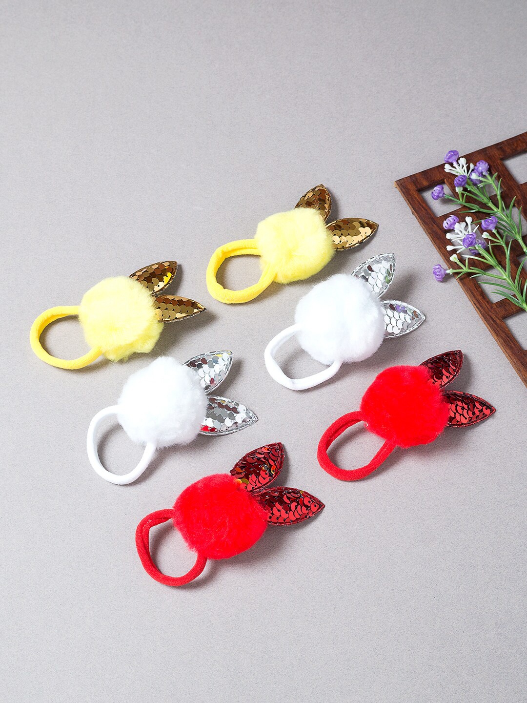 

Golden Peacock Women Set of 6 White & Yellow Embellished Ponytail Holders