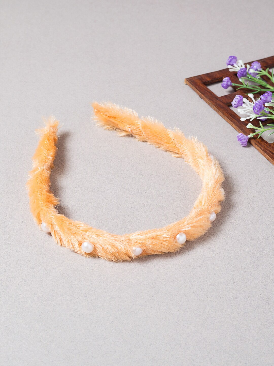 

Golden Peacock Women Orange & White Beaded Fur Hairband