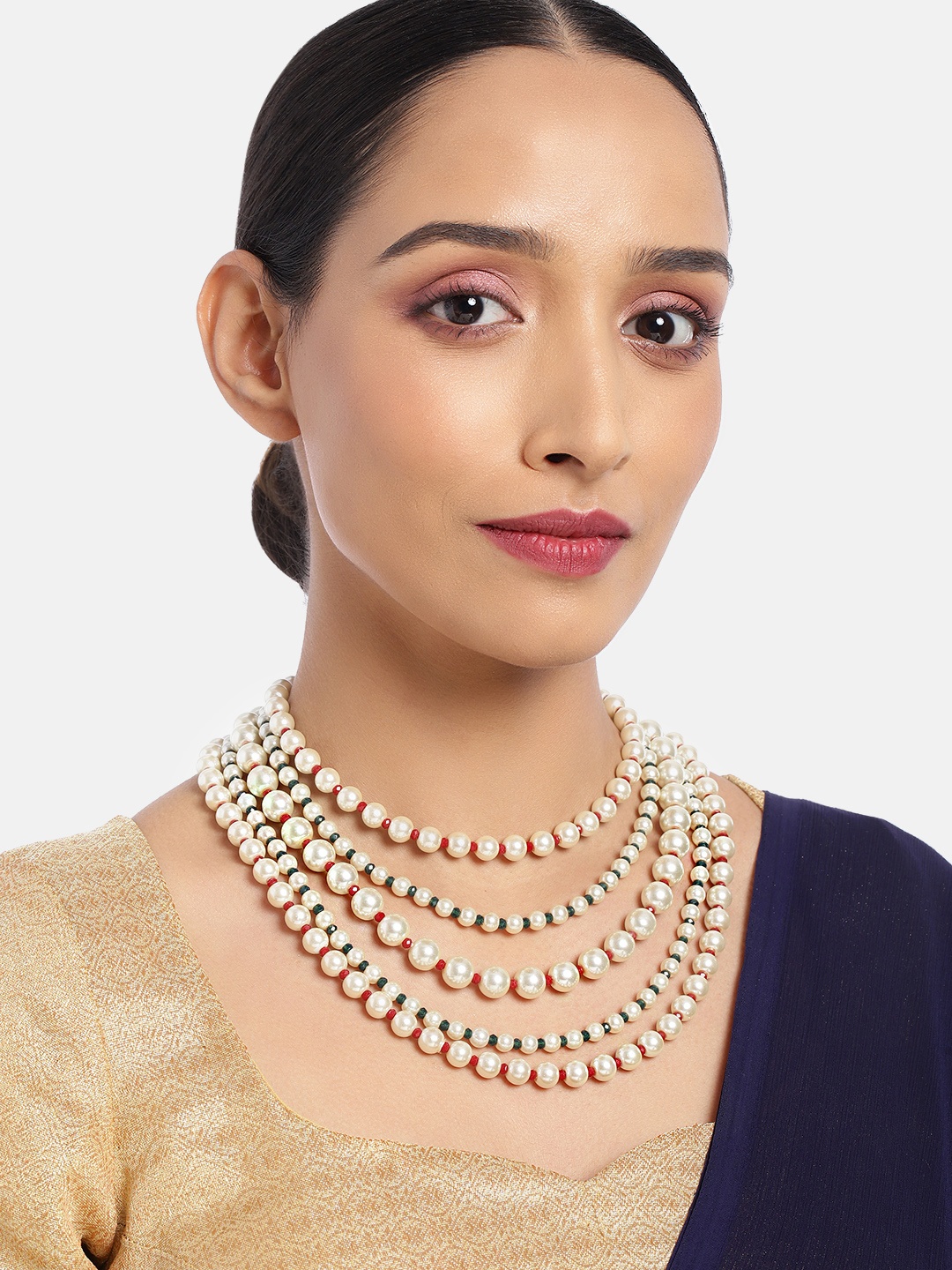 

I Jewels Maroon & Off White Gold-Plated Layered Necklace