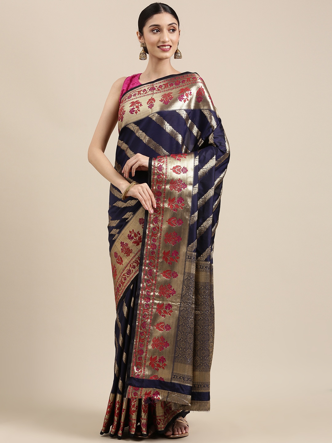 

SANGAM PRINTS Navy Blue & Red Woven Design Pure Silk Saree