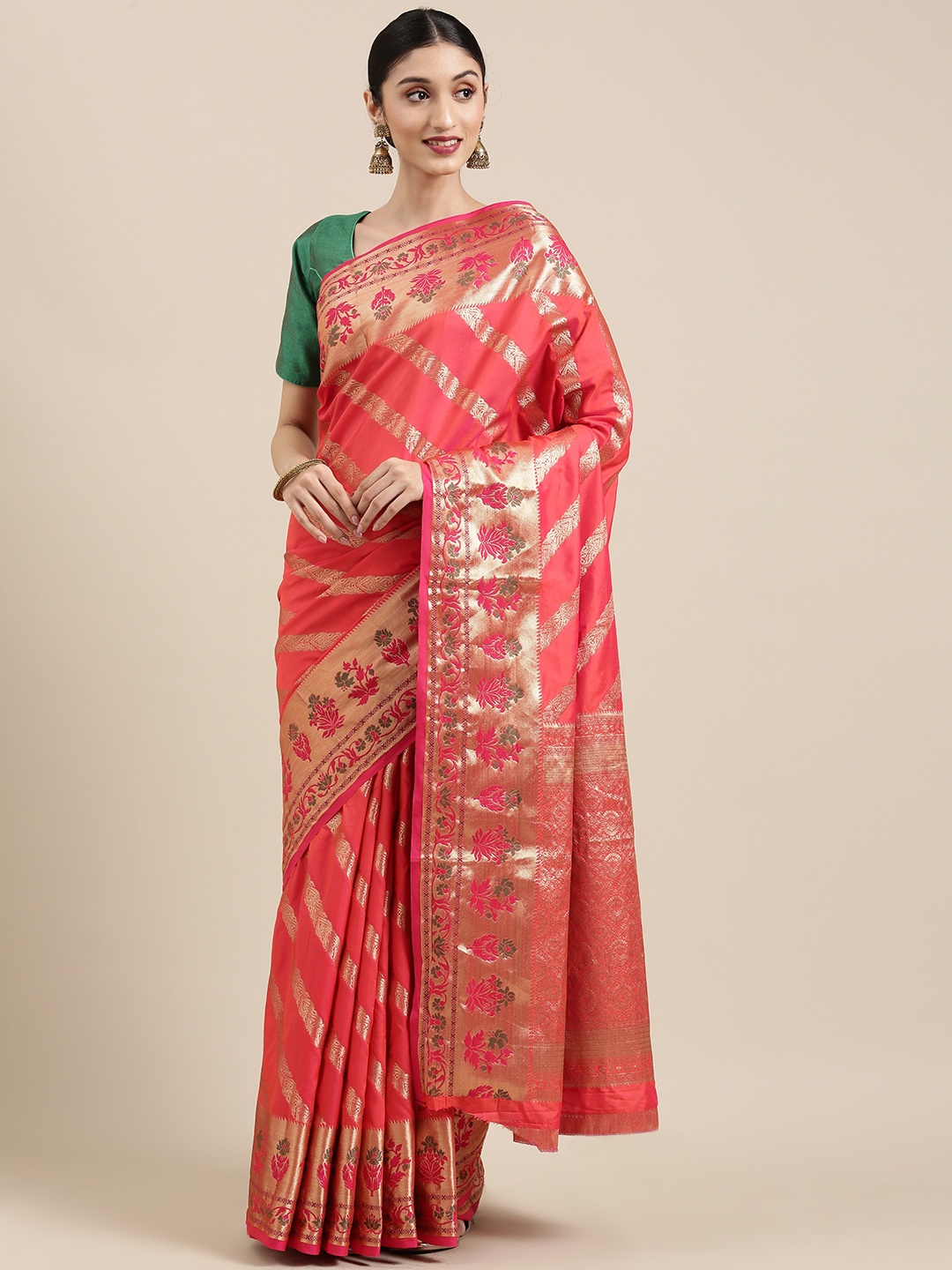 

SANGAM PRINTS Pink Woven Design Zardozi Pure Silk Saree