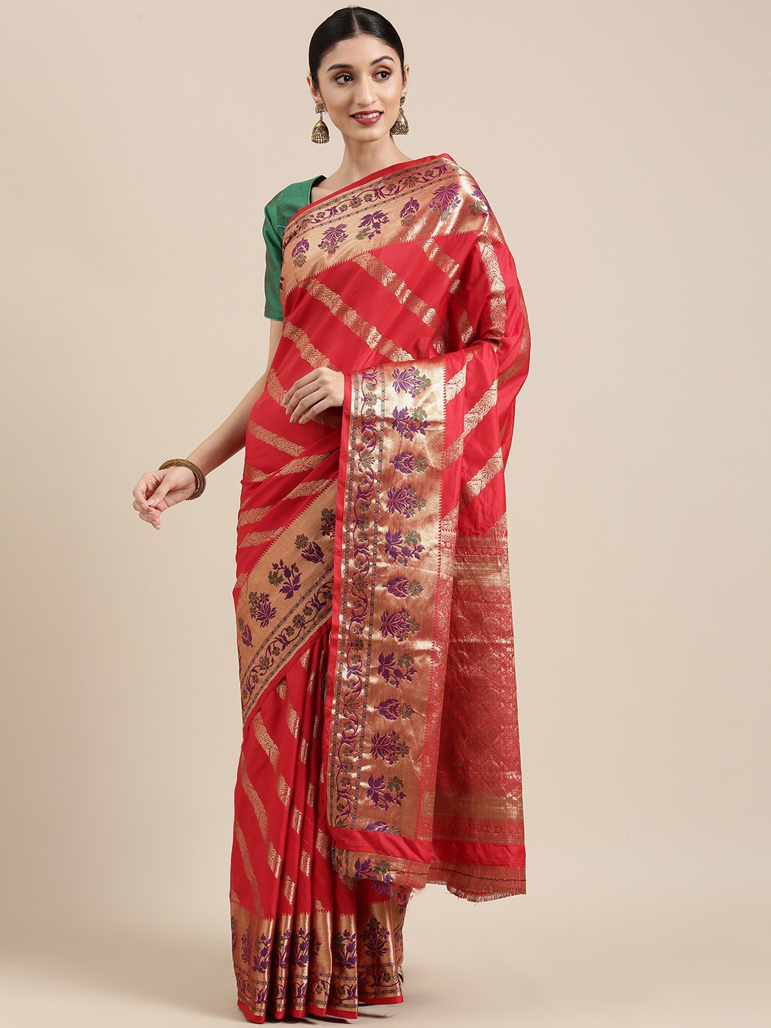 

SANGAM PRINTS Red Woven Design Zardozi Pure Silk Saree