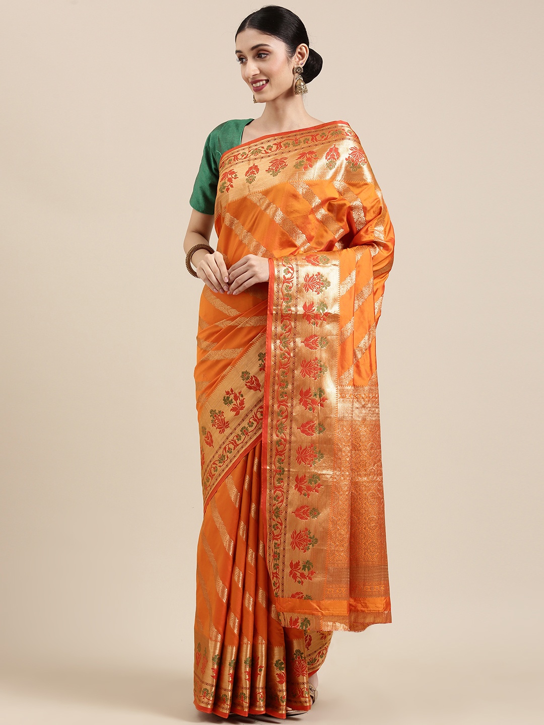 

SANGAM PRINTS Mustard Woven Design Zardozi Pure Silk Saree