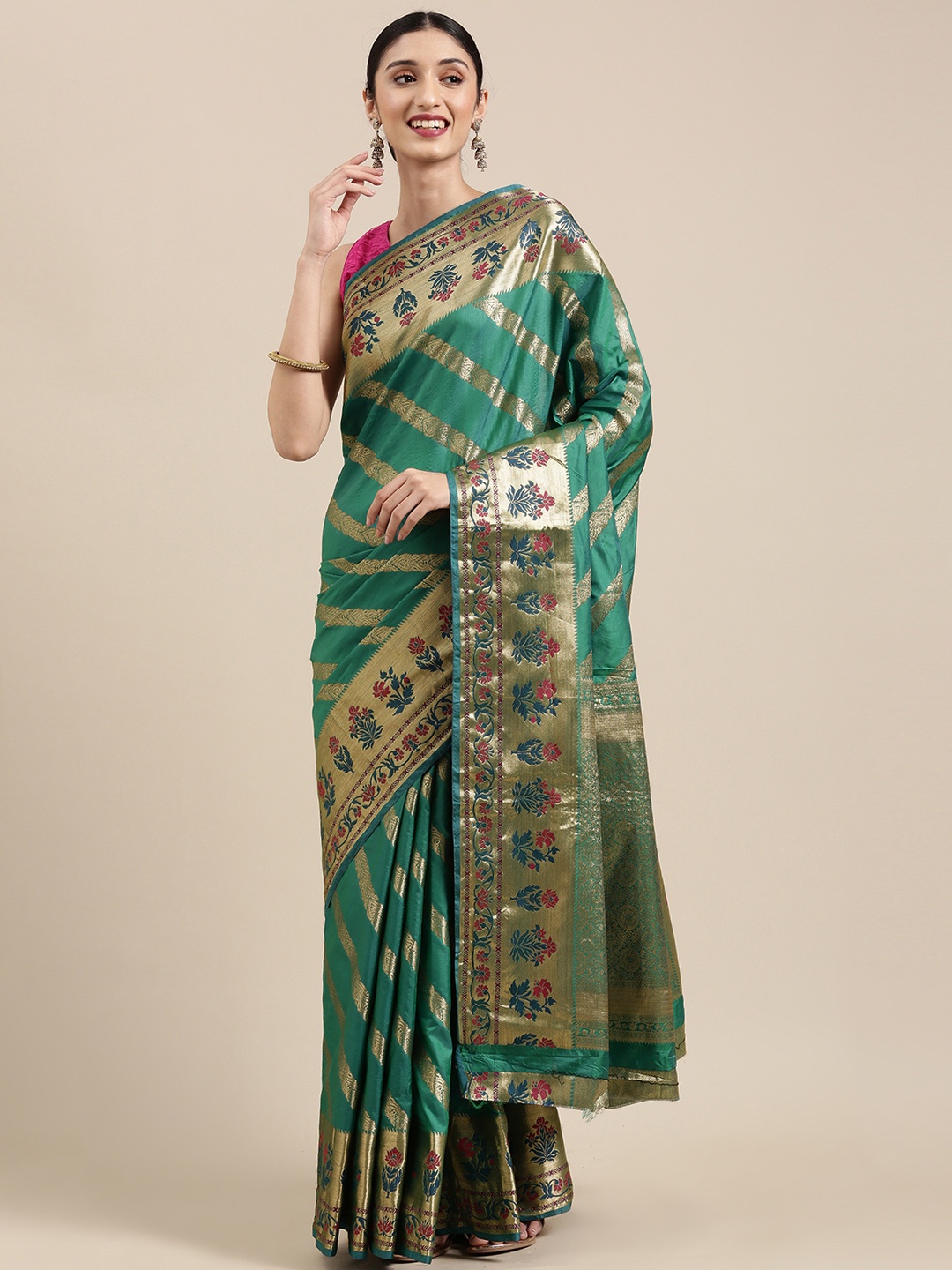 

SANGAM PRINTS Lime Green Woven Design Zardozi Pure Silk Saree