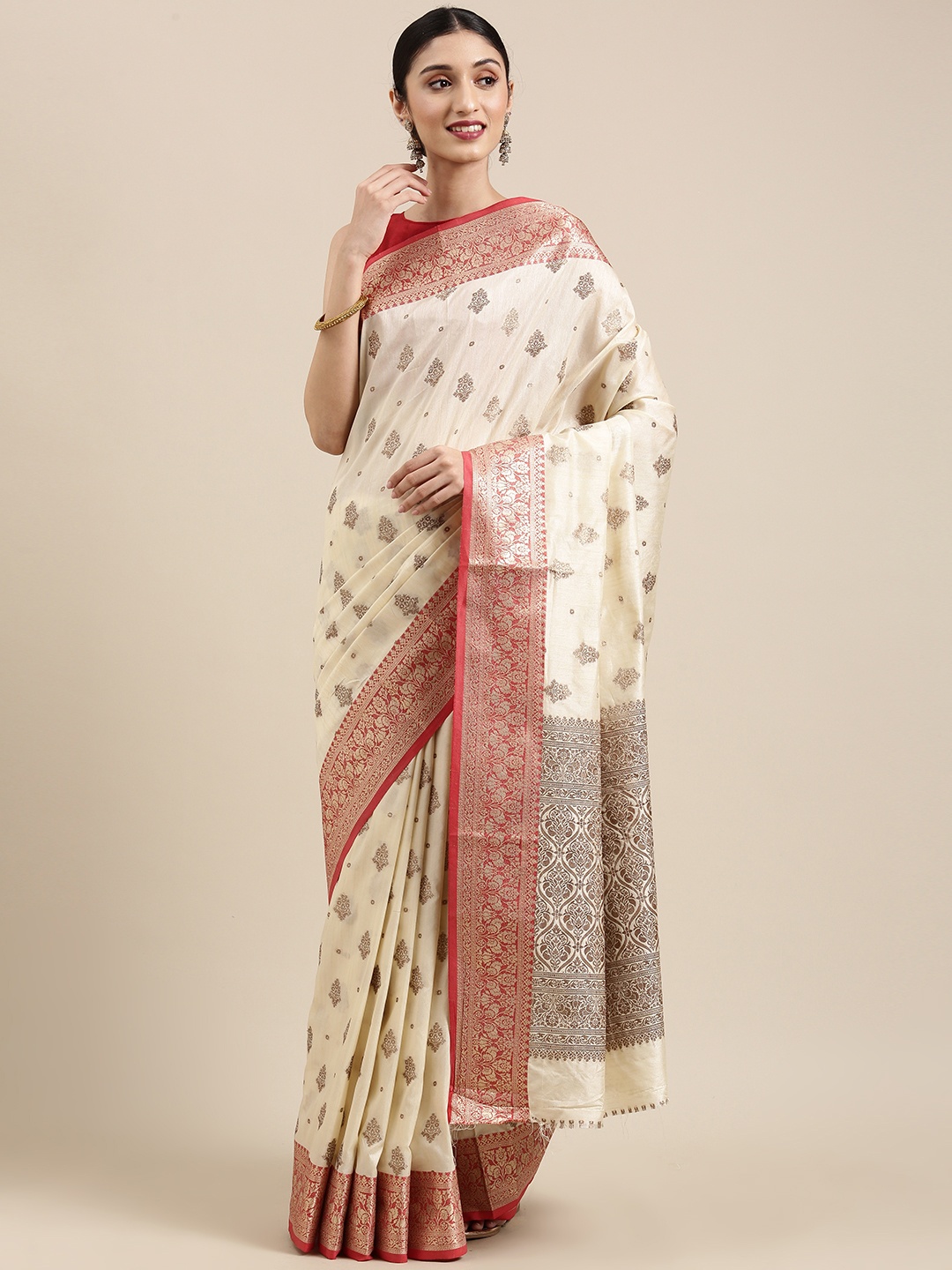 

SANGAM PRINTS Off White & Red Woven Design Zardozi Pure Cotton Saree