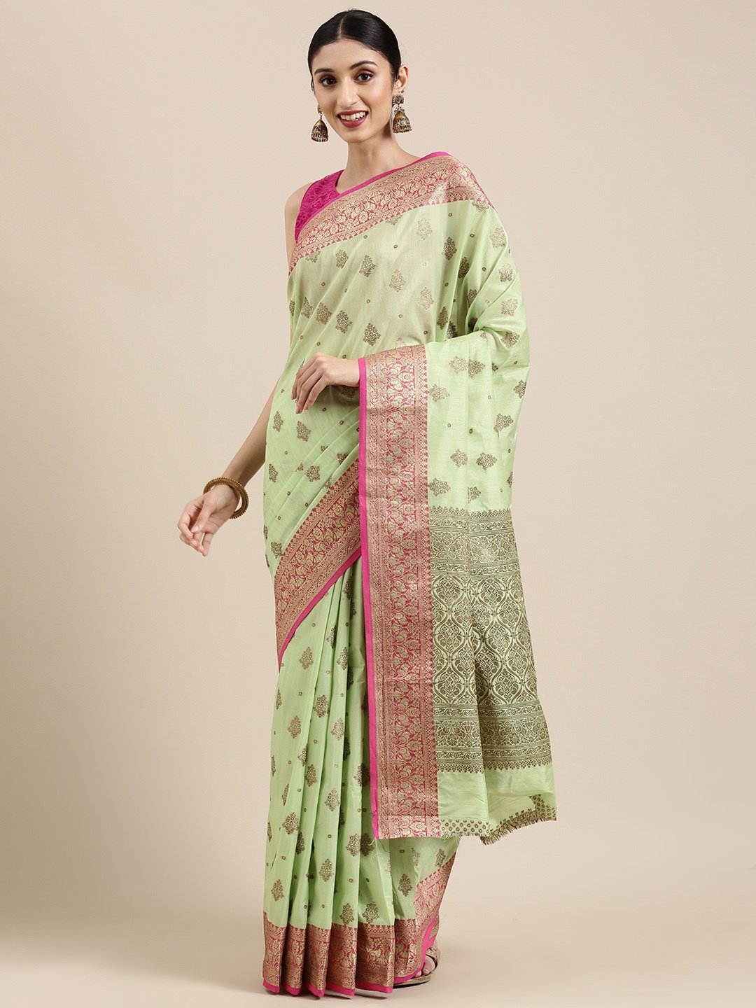 

SANGAM PRINTS Lime Green Ethnic Motifs Zardozi Pure Cotton Saree