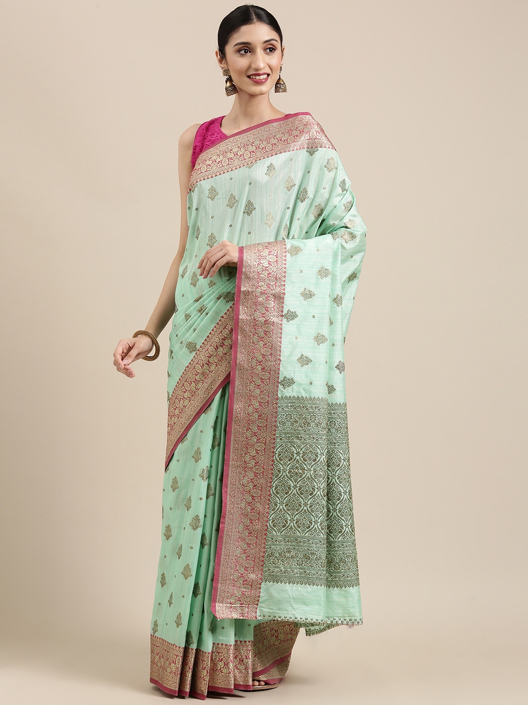 

SANGAM PRINTS Lime Green Embellished Zardozi Pure Cotton Saree