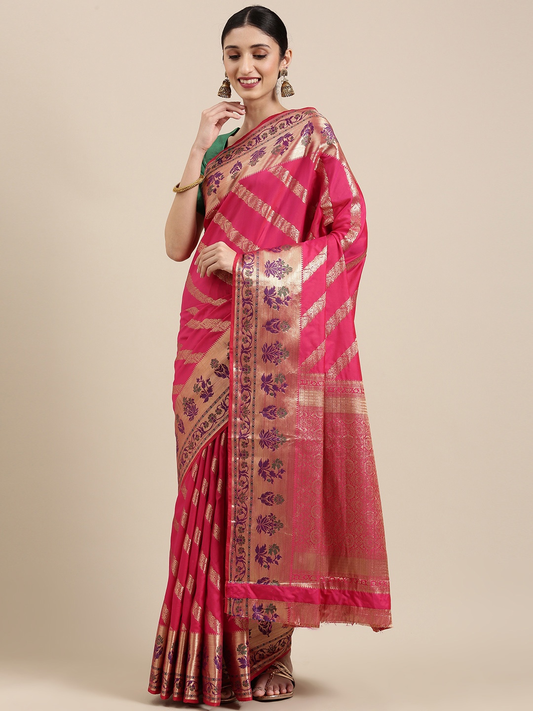 

SANGAM PRINTS Pink Embellished Zardozi Pure Silk Saree