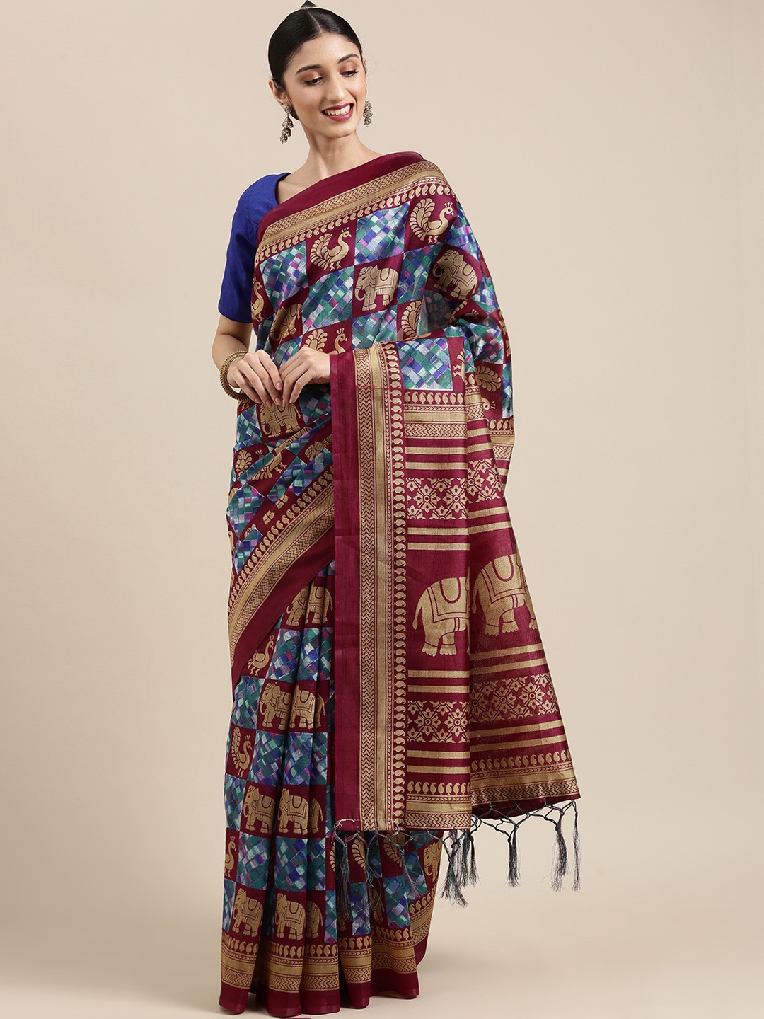 

SANGAM PRINTS Magenta & Blue Woven Design Zardozi Art Silk Saree