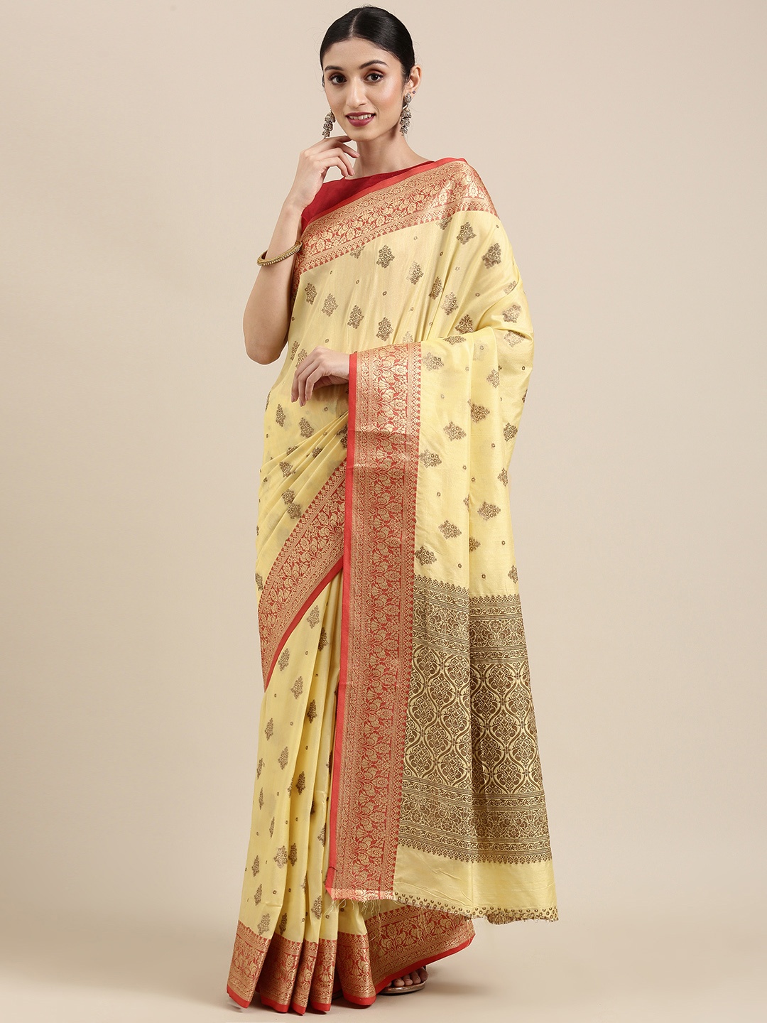 

SANGAM PRINTS Yellow & Red Woven Design Zardozi Pure Cotton Saree