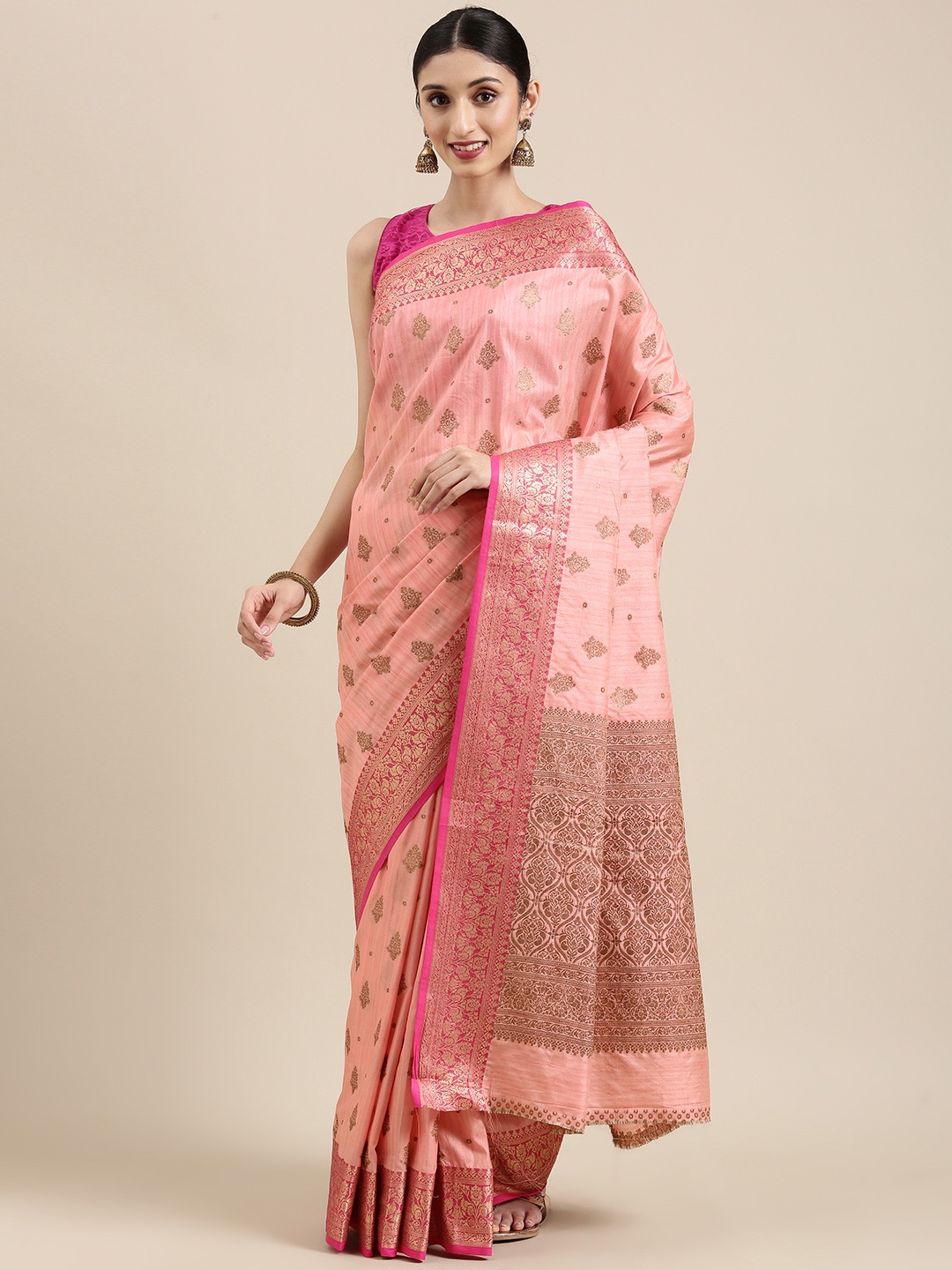 

SANGAM PRINTS Pink Woven Design Zardozi Pure Cotton Saree