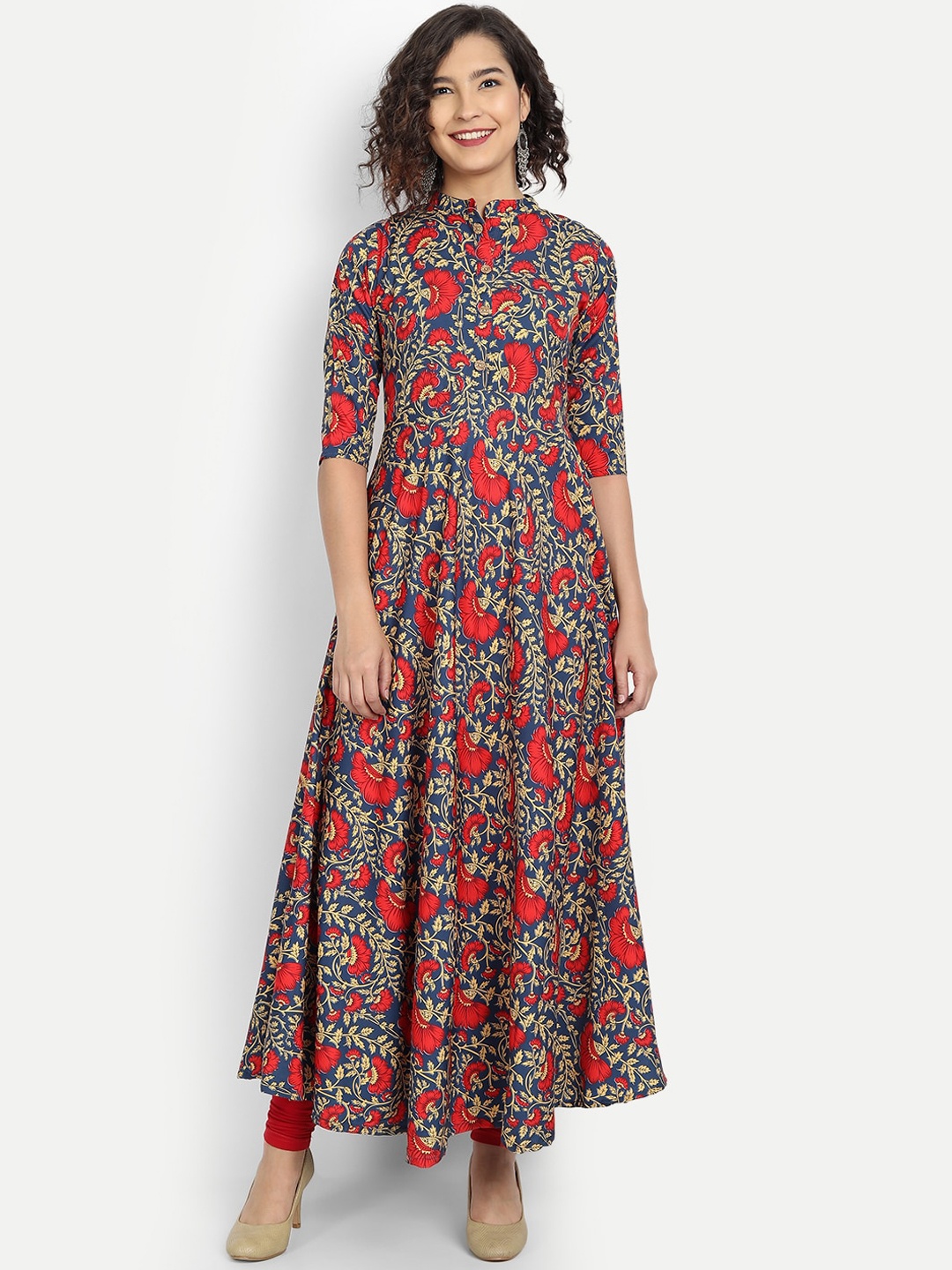 

Ethnic basket Women Blue & Red Floral Printed Crepe Anarkali Kurta