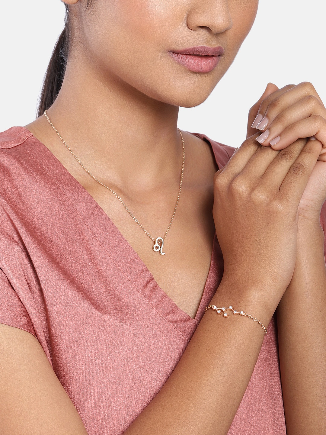 Peora Gold Plated Leo Horoscope Zodiac Sign Pendant & Bracelet Combo Set
