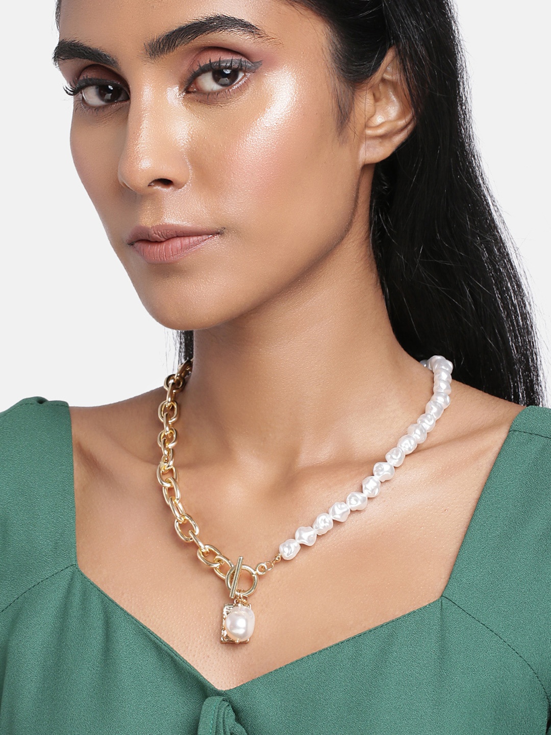 

Peora Gold Toned & White Pearl Vintage Baroque Lock Chains Necklace