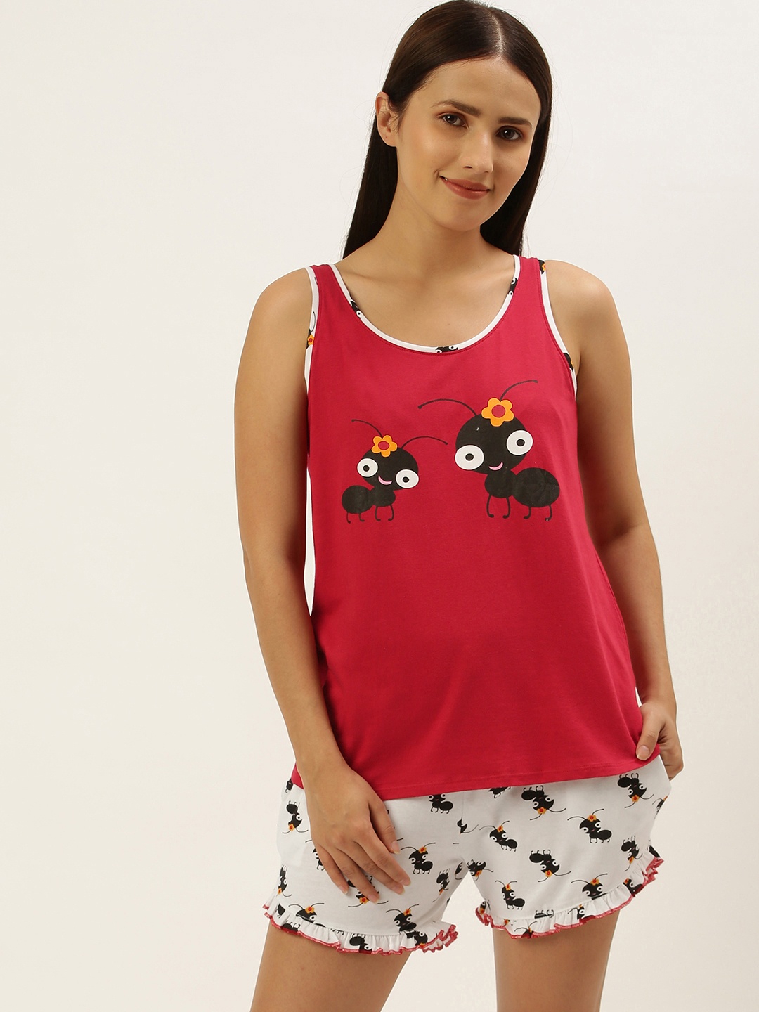 

Sleepy Gals Women White & Red Ant Print Pure Cotton Night Suit