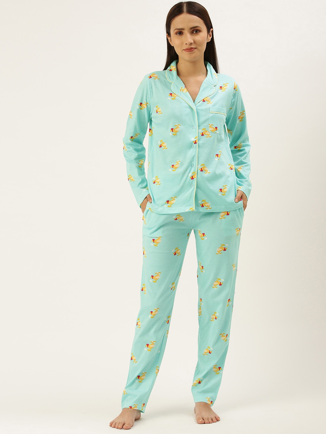 

Sleepy Gals Women Turquoise Blue Rooster Print Pure Cotton Night Suit