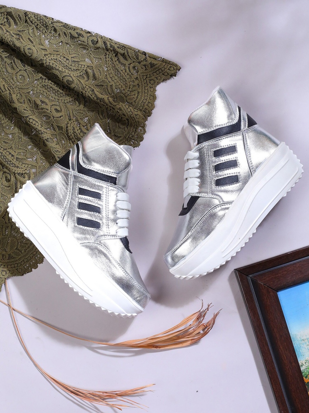 

LONDON STEPS Women Silver-Toned & Black Striped High-Top Flatform Heeled Boots